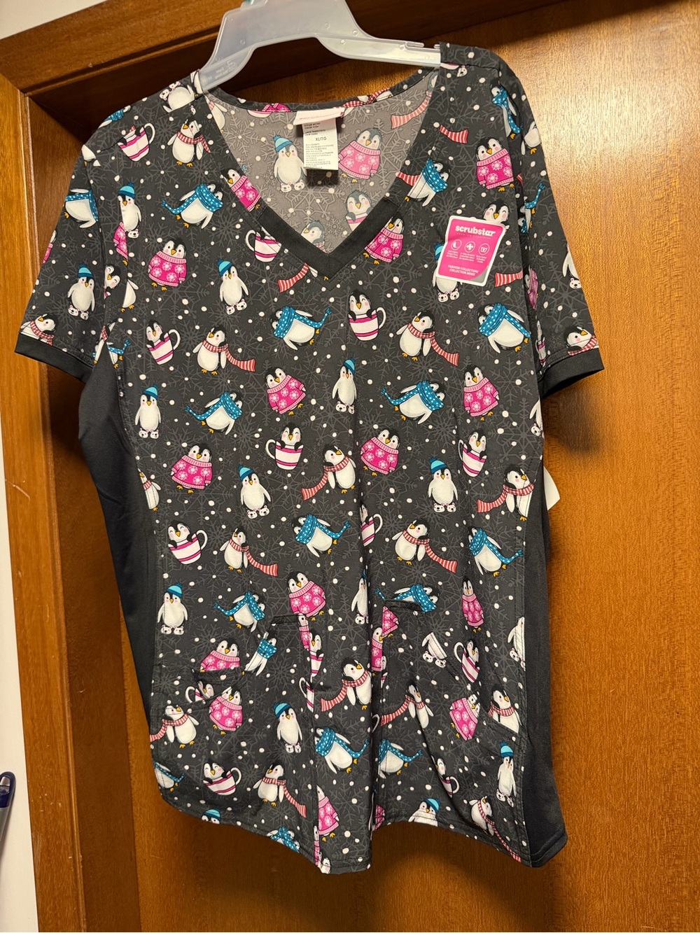 Scrubstar Grey Penguin Print Scrub Top with Pink & Blue Accents